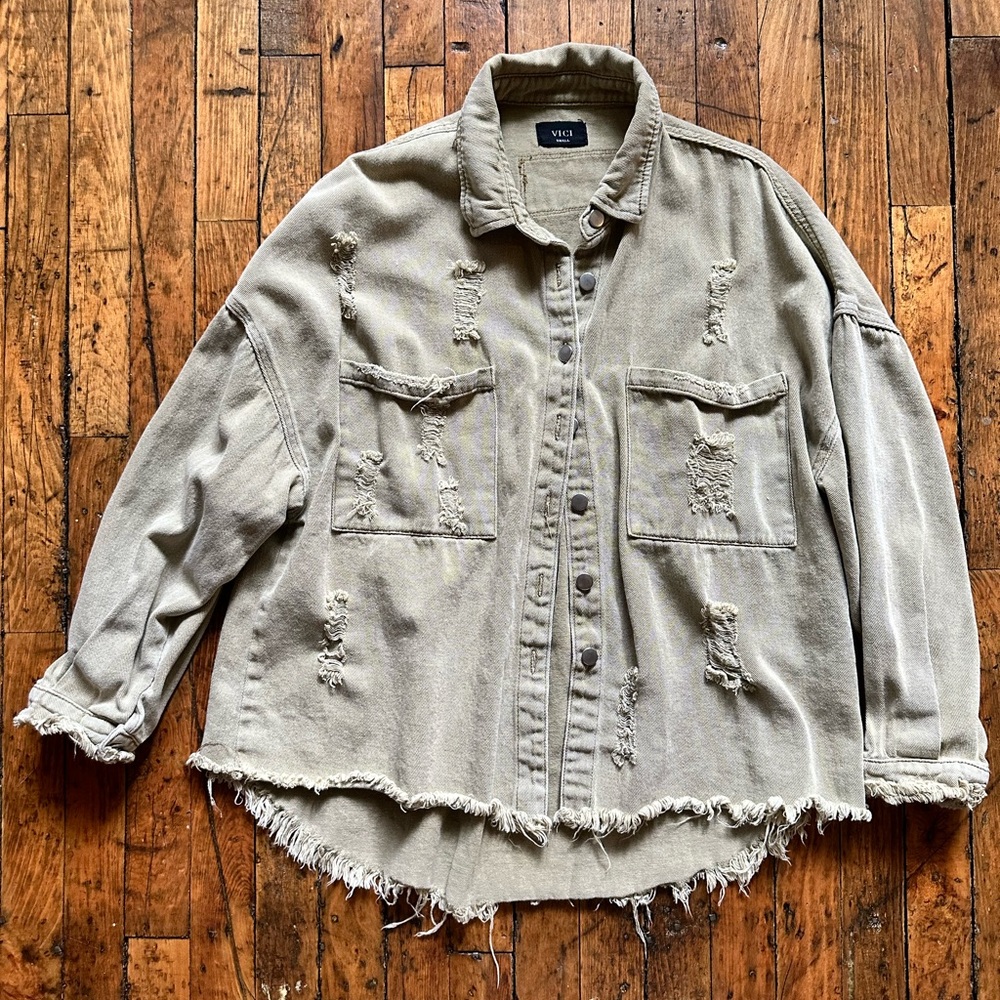 VICI Distressed Denim Button-Up Jacket - Sage